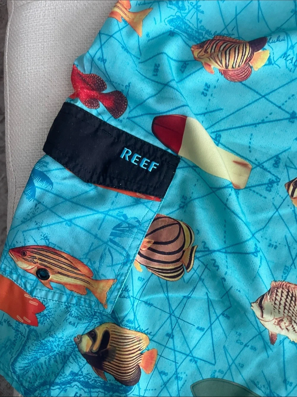 Reef Aqua Tropical Fish Surf Shorts with Multicolor Surfboard Print